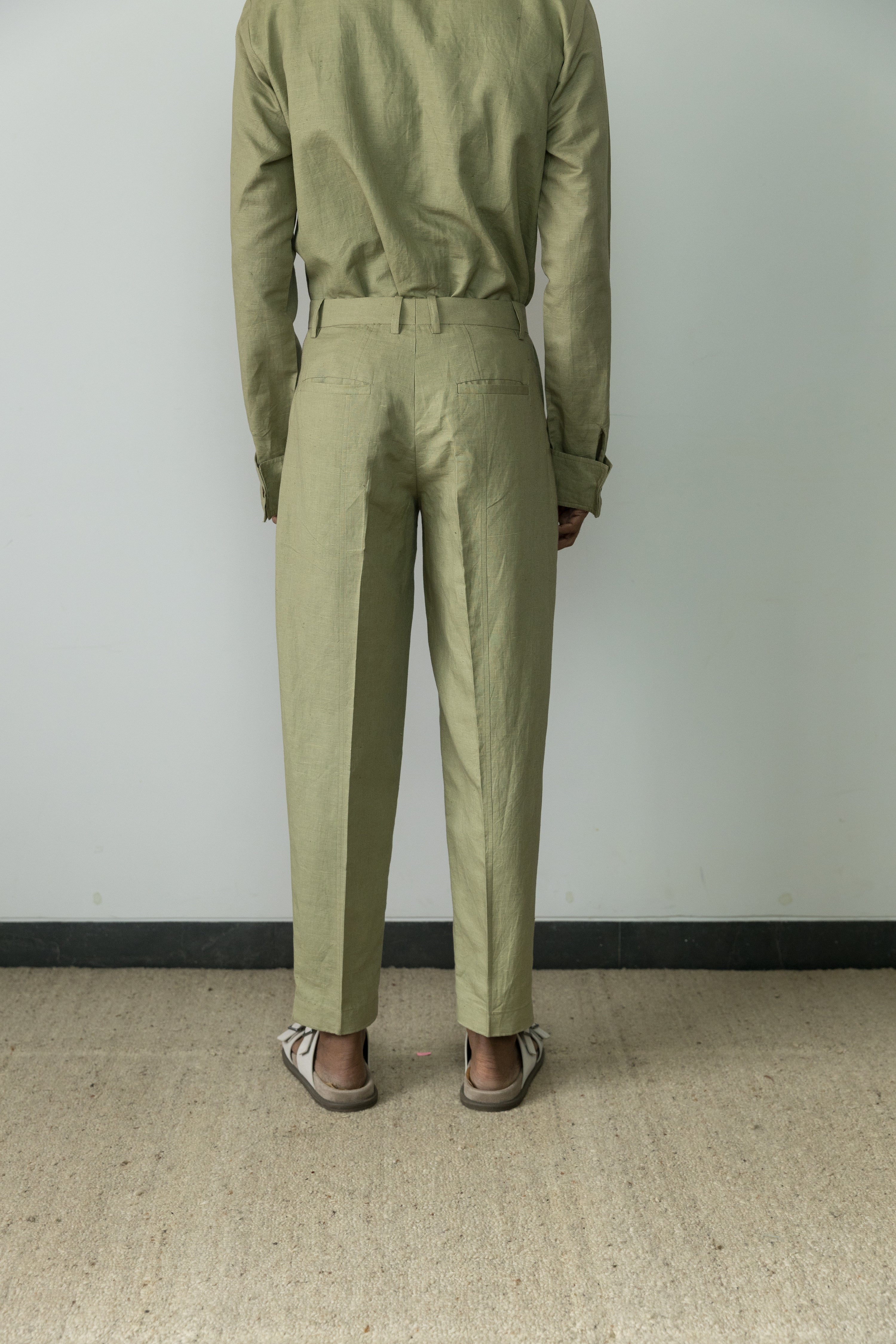 Moss Green Casual Pants by Anushé Pirani with Beige, Birthday Collection, Casual Wear, Console Collection List, Cotton, Cotton Hemp, For Him, Handwoven, Hemp, Men Bottoms, Men Pants, Menswear, Relaxed Fit, Review September 2025, Shibumi by Anushe Pirani, Solids at in.kamakhyaa.com for sustainable fashion