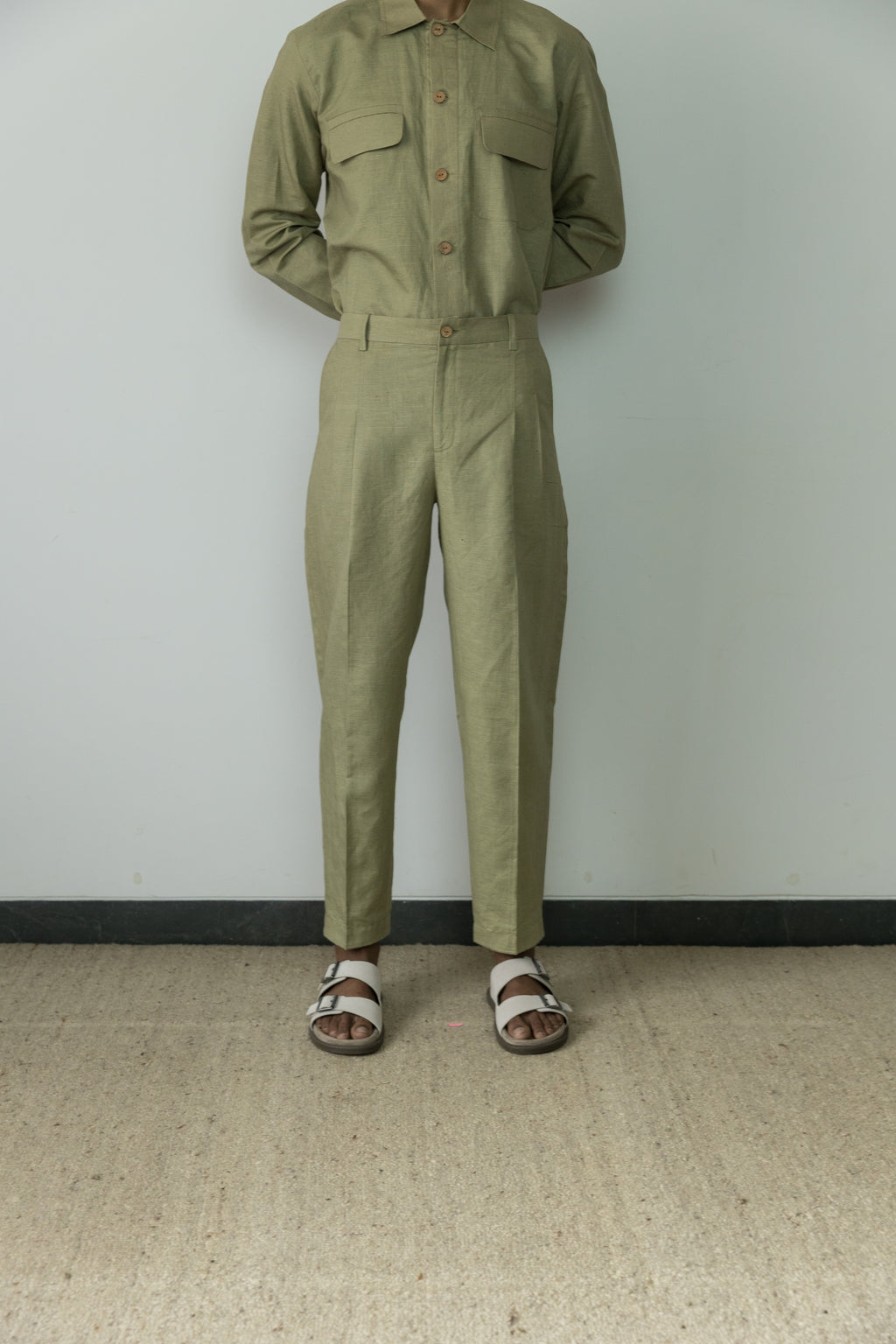 Moss Green Casual Pants by Anushé Pirani with Beige, Birthday Collection, Casual Wear, Console Collection List, Cotton, Cotton Hemp, For Him, Handwoven, Hemp, Men Bottoms, Men Pants, Menswear, Relaxed Fit, Review September 2025, Shibumi by Anushe Pirani, Solids at in.kamakhyaa.com for sustainable fashion