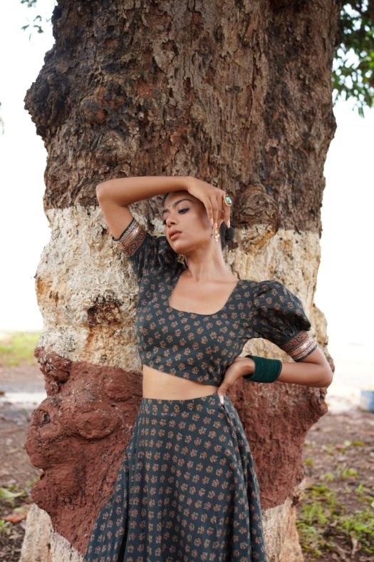 Sage Green Lehenga Set by Hasttvam with Cotton, Festive Wear, Floral, Green, Handmade by Artisans, Natural Dye, Navratri, Navratri Teens, Rang by Hasttvam, Relaxed Fit, Responsible production and Vegan at Kamakhyaa for sustainable fashion