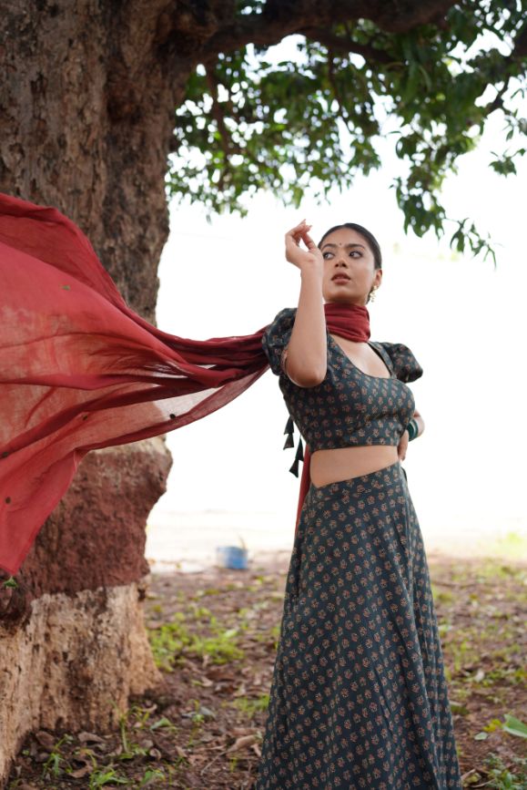 Sage Green Lehenga Set by Hasttvam with Cotton, Festive Wear, Floral, Green, Handmade by Artisans, Natural Dye, Navratri, Navratri Teens, Rang by Hasttvam, Relaxed Fit, Responsible production and Vegan at Kamakhyaa for sustainable fashion