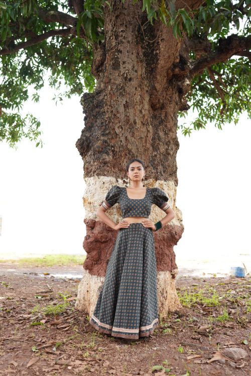 Sage Green Lehenga Set by Hasttvam with Cotton, Festive Wear, Floral, Green, Handmade by Artisans, Natural Dye, Navratri, Navratri Teens, Rang by Hasttvam, Relaxed Fit, Responsible production and Vegan at Kamakhyaa for sustainable fashion