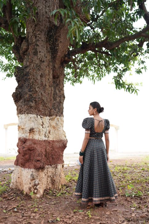 Sage Green Lehenga Set by Hasttvam with Cotton, Festive Wear, Floral, Green, Handmade by Artisans, Natural Dye, Navratri, Navratri Teens, Rang by Hasttvam, Relaxed Fit, Responsible production and Vegan at Kamakhyaa for sustainable fashion