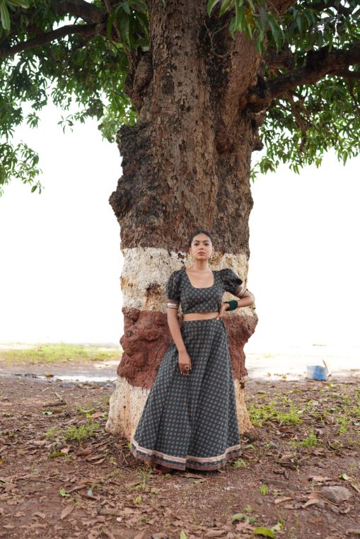 Sage Green Lehenga Set by Hasttvam with Cotton, Festive Wear, Floral, Green, Handmade by Artisans, Natural Dye, Navratri, Navratri Teens, Rang by Hasttvam, Relaxed Fit, Responsible production and Vegan at Kamakhyaa for sustainable fashion