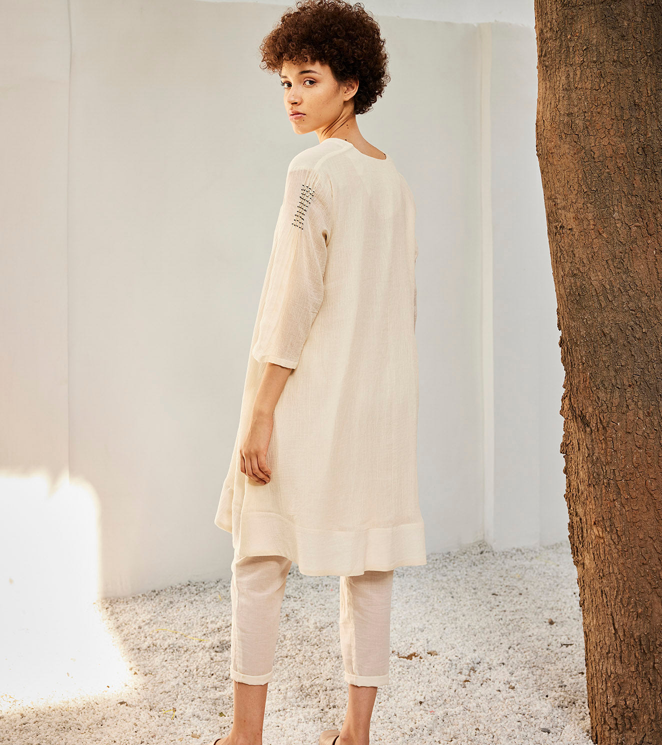 Scattered lights co-ord set by Khara Kapas with Casual Wear, Co-ord Sets, Gauge Cotton, Lounge Wear Co-ords, Oh Susanna by Khara Kapas, Organic, Regular Fit, Solids, Travel Co-ords, White, Womenswear at Kamakhyaa for sustainable fashion