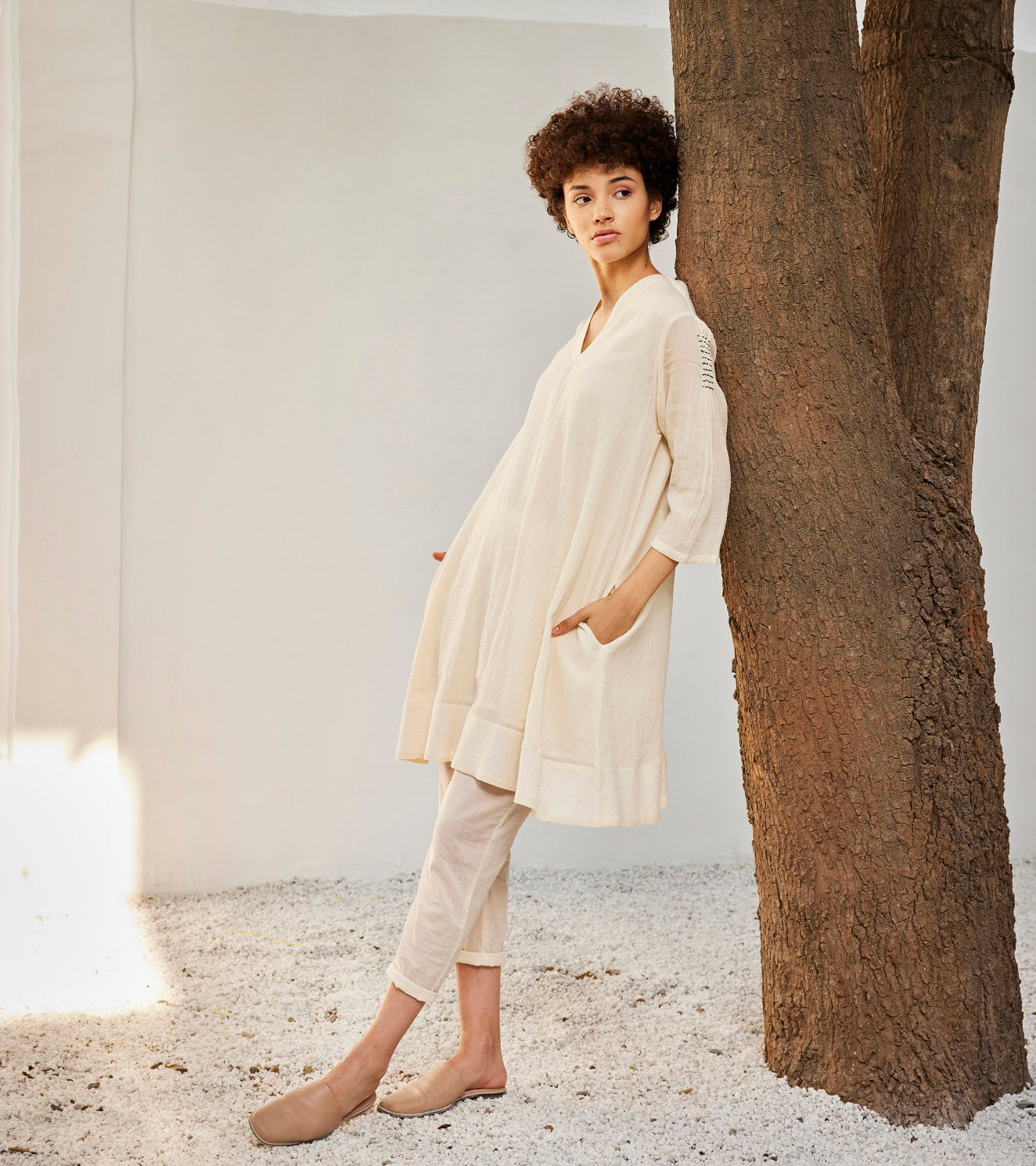 Scattered lights co-ord set by Khara Kapas with Casual Wear, Co-ord Sets, Gauge Cotton, Lounge Wear Co-ords, Oh Susanna by Khara Kapas, Organic, Regular Fit, Solids, Travel Co-ords, White, Womenswear at Kamakhyaa for sustainable fashion