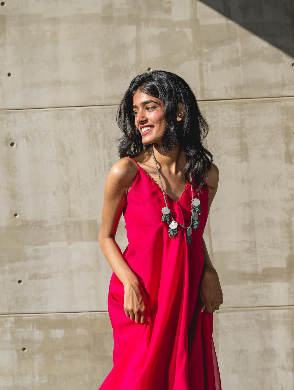 Pink V-Neck Chanderi Silk Dress by Araayeh with Artisan Made, Handwoven Chanderi, Pink, Regular Fit, Resort Wear, Sleeveless Dresses, Solids at Kamakhyaa for sustainable fashion