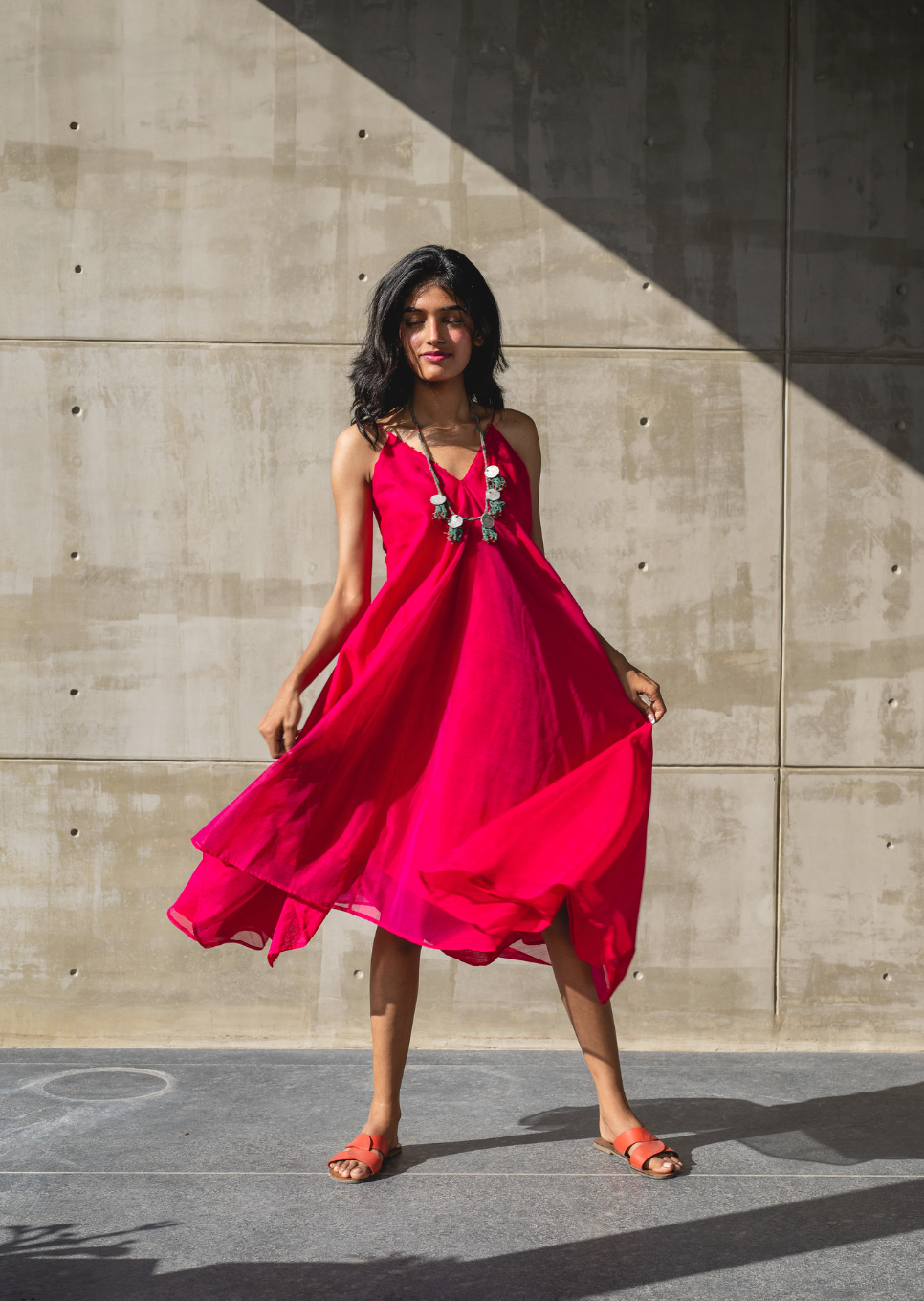 Pink V-Neck Chanderi Silk Dress by Araayeh with Artisan Made, Handwoven Chanderi, Pink, Regular Fit, Resort Wear, Sleeveless Dresses, Solids at Kamakhyaa for sustainable fashion