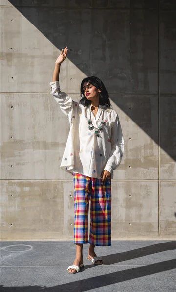 Handwoven Cotton Checks Pants by Araayeh with Artisan Made, Checks, Handwoven Cotton, Multicolor, Pants, Relaxed Fit, Work Wear at Kamakhyaa for sustainable fashion