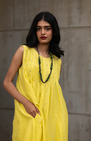 Yellow Sleeveless Cotton Silk Dress by Araayeh with Artisan Made, Cotton Silk, Evening Wear, Relaxed Fit, Sleeveless Dresses, Solids, Yellow at Kamakhyaa for sustainable fashion