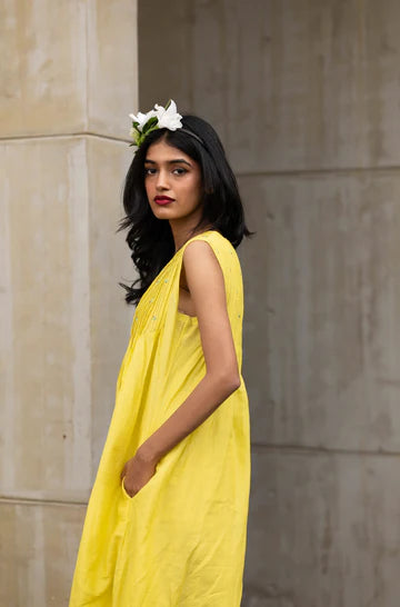 Yellow Sleeveless Cotton Silk Dress by Araayeh with Artisan Made, Cotton Silk, Evening Wear, Relaxed Fit, Sleeveless Dresses, Solids, Yellow at Kamakhyaa for sustainable fashion