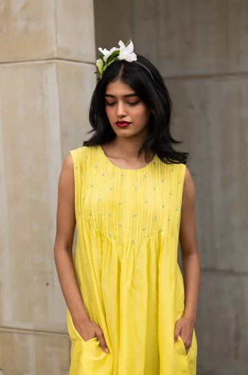 Yellow Sleeveless Cotton Silk Dress by Araayeh with Artisan Made, Cotton Silk, Evening Wear, Relaxed Fit, Sleeveless Dresses, Solids, Yellow at Kamakhyaa for sustainable fashion