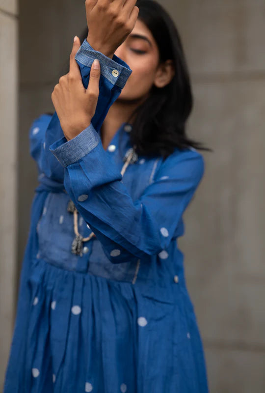 Blue Gathered Midi Dress with Polka Dots by Araayeh with Artisan Made, Blue, Handwoven Cotton, Midi Dresses, Polka Dots, Regular Fit, Work Wear at Kamakhyaa for sustainable fashion