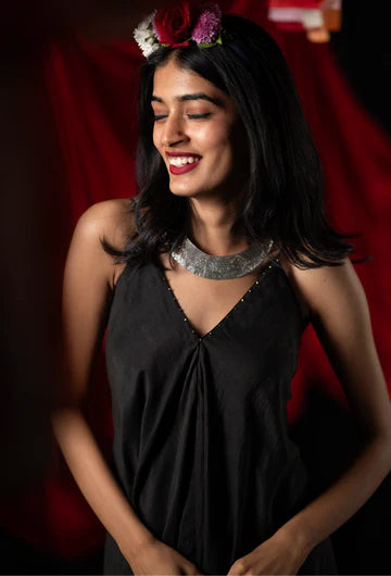 Black Evening Wear Sleeveless Dress by Araayeh with Artisan Made, Black, Evening Wear, Handwoven Cotton SIlk, Regular Fit, Sleeveless Dresses, Solids at Kamakhyaa for sustainable fashion