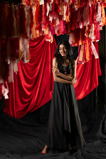 Black Evening Wear Sleeveless Dress by Araayeh with Artisan Made, Black, Evening Wear, Handwoven Cotton SIlk, Regular Fit, Sleeveless Dresses, Solids at Kamakhyaa for sustainable fashion