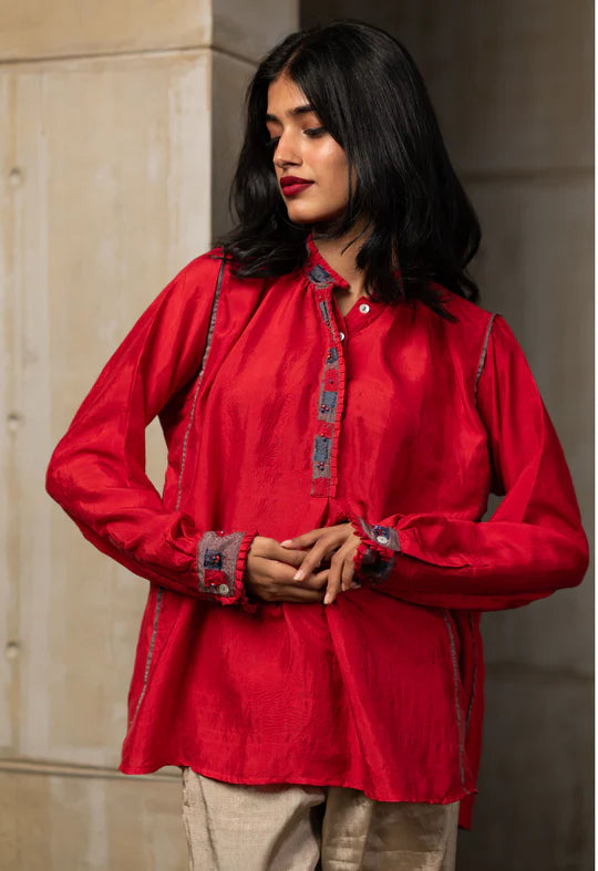 Red Patchwork Silk Shirt by Araayeh with Artisan Made, Evening wear, Handwoven Mulberry Silk, Red, Relaxed Fit, Shirts, Solids at Kamakhyaa for sustainable fashion