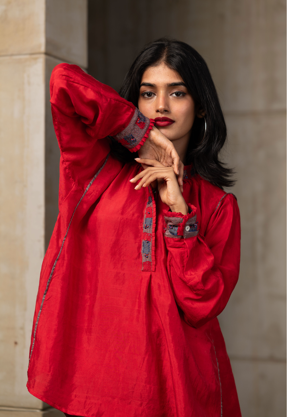 Red Patchwork Silk Shirt by Araayeh with Artisan Made, Evening wear, Handwoven Mulberry Silk, Red, Relaxed Fit, Shirts, Solids at Kamakhyaa for sustainable fashion