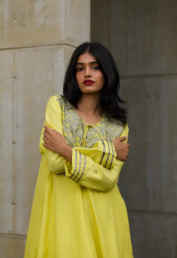 Lime Yellow Silk Kurta by Araayeh with Artisan Made, Evening Wear, Habutai Silk, Kurtas, Relaxed Fit, Solids, Yellow at Kamakhyaa for sustainable fashion