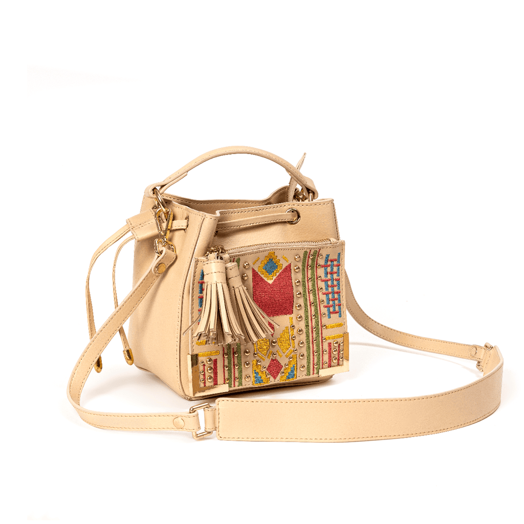 Nora Vegan Leather Embroidered Sling Bag - Almond by Green Hermitage with SS25 at Kamakhyaa for sustainable fashion