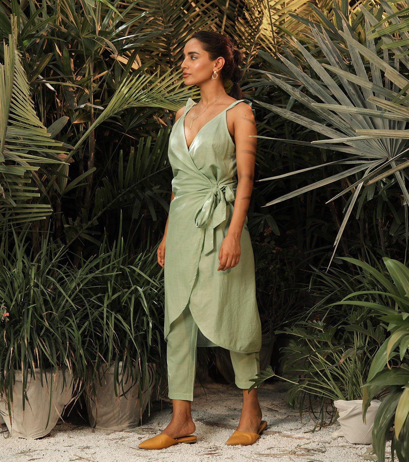 Sea Green Two Piece Set by Khara Kapas with Another Day In Paradise by Khara Kapas, Co-ord Sets, Green, Lost In Paradise by Khara Kapas, Mul Cotton, Natural, Relaxed Fit, Resort Wear, Solid Selfmade, Solids, Vacation Co-ords, Womenswear at Kamakhyaa for sustainable fashion
