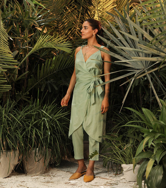Sea Green Two Piece Set by Khara Kapas with Another Day In Paradise by Khara Kapas, Co-ord Sets, Green, Lost In Paradise by Khara Kapas, Mul Cotton, Natural, Relaxed Fit, Resort Wear, Solid Selfmade, Solids, Vacation Co-ords, Womenswear at Kamakhyaa for sustainable fashion