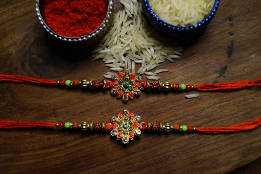 Set of 2-Floral Rudraksh Thread Rakhi by Kamakhyaa with Festive Wear, Jewellery, Natural Materials, Natural Threads, Rakhi, Rakhis Ready to Ship, Red, Regular Fit, Upcycled, Zari Threads at Kamakhyaa for sustainable fashion