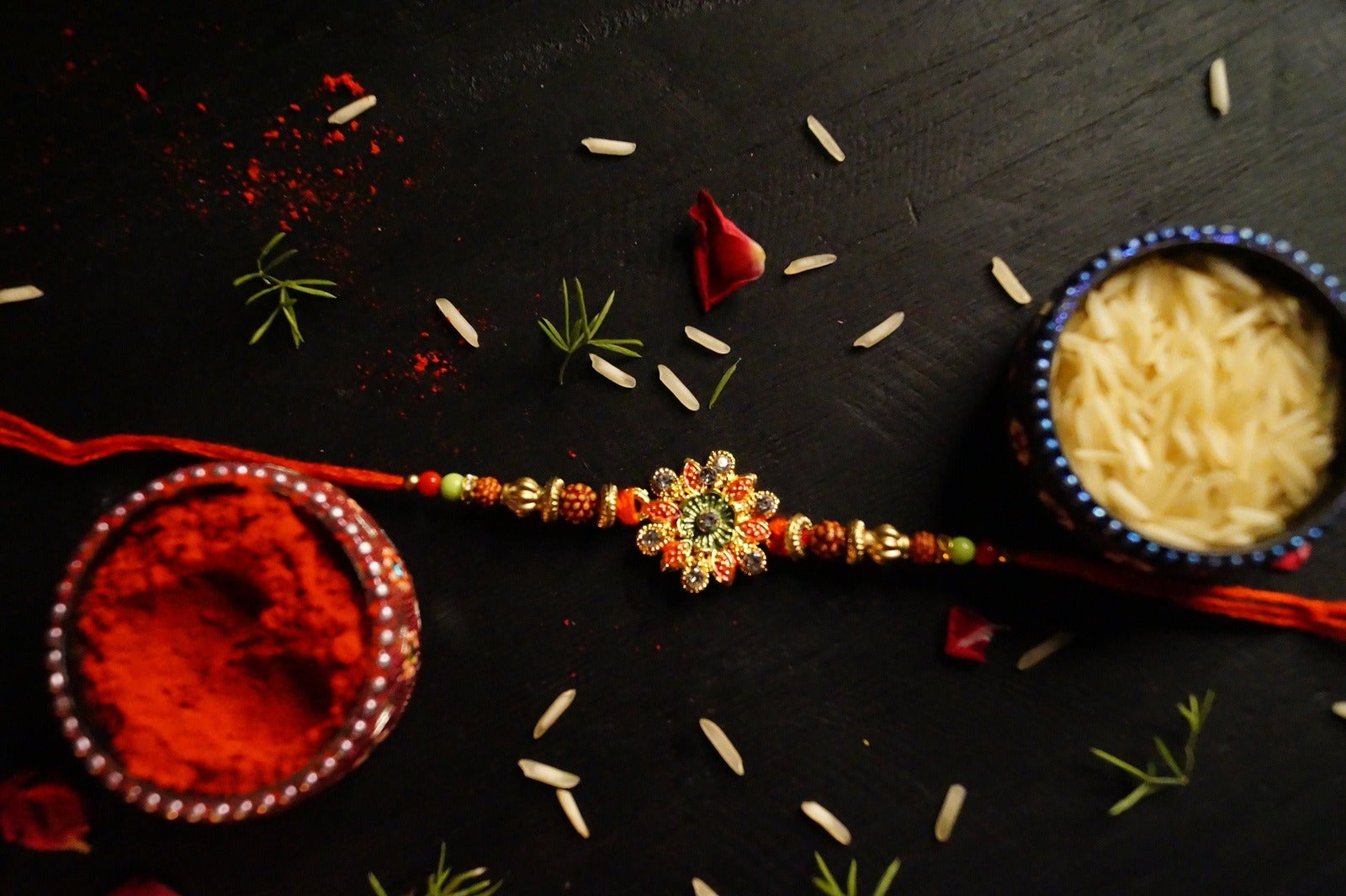 Set of 2-Floral Rudraksh Thread Rakhi by Kamakhyaa with Festive Wear, Jewellery, Natural Materials, Natural Threads, Rakhi, Rakhis Ready to Ship, Red, Regular Fit, Upcycled, Zari Threads at Kamakhyaa for sustainable fashion