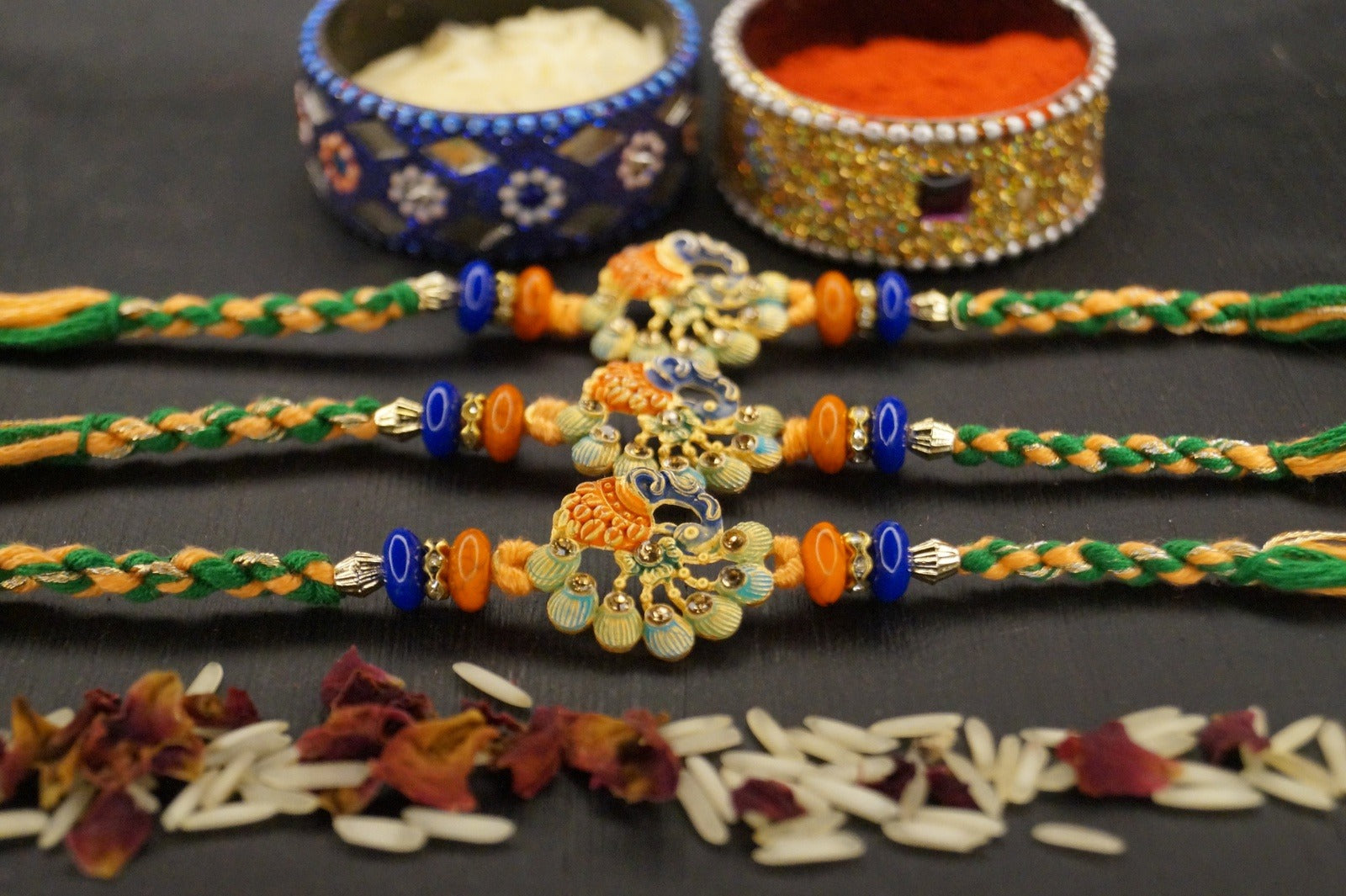 Set of 3-Peacock Stone Thread Rakshi by Kamakhyaa with Festive Wear, Jewellery, Multicolor, Natural Materials, Natural Threads, Peacock, Rakhi, Rakhis Ready to Ship, Regular Fit, Upcycled, Zari Threads at Kamakhyaa for sustainable fashion