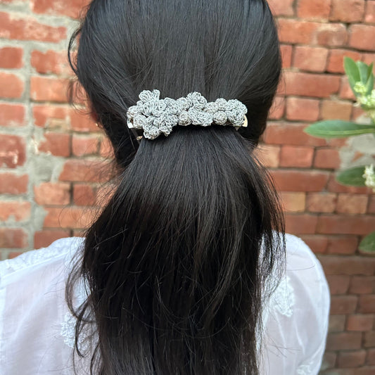 Silver Crochet Hair Clip by Ikriit'm with Cotton yarn, Crochet, Free Size, Hair Clip, Ikriit'm, Made from Natural Materials, Silver, Stainless Steel, Women Led Designer at Kamakhyaa for sustainable fashion