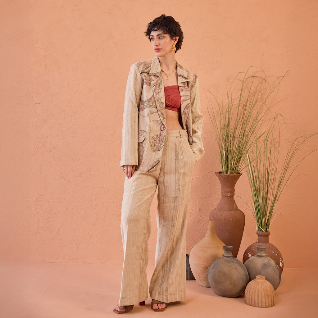 Heritage Hue by The Loom Art with Artisan made, Beige, Co-ord sets, Eco friendly, Eri Silk, Fluer De Code by The Loom Art, Hand embroidered, Handwoven, Kantha work at Kamakhyaa for sustainable fashion