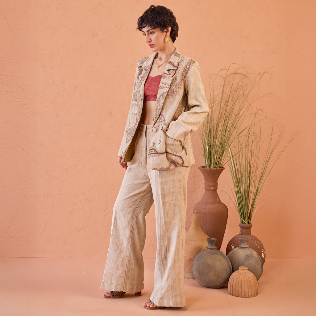 Heritage Hue by The Loom Art with Artisan made, Beige, Co-ord sets, Eco friendly, Eri Silk, Fluer De Code by The Loom Art, Hand embroidered, Handwoven, Kantha work at Kamakhyaa for sustainable fashion