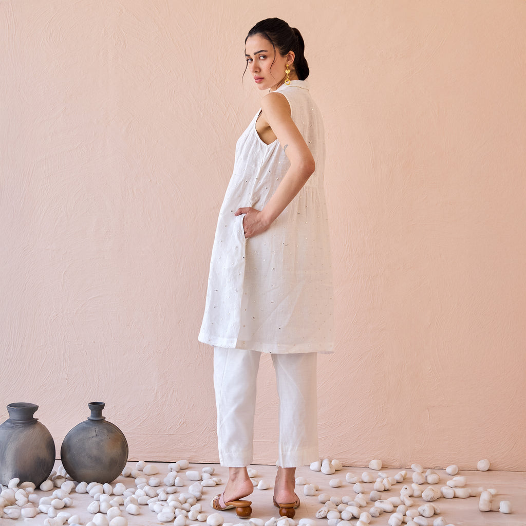 Silent Gleam by The Loom Art with Chanderi, Fluer De Code by The Loom Art, Linen, Mirror Work, White at Kamakhyaa for sustainable fashion