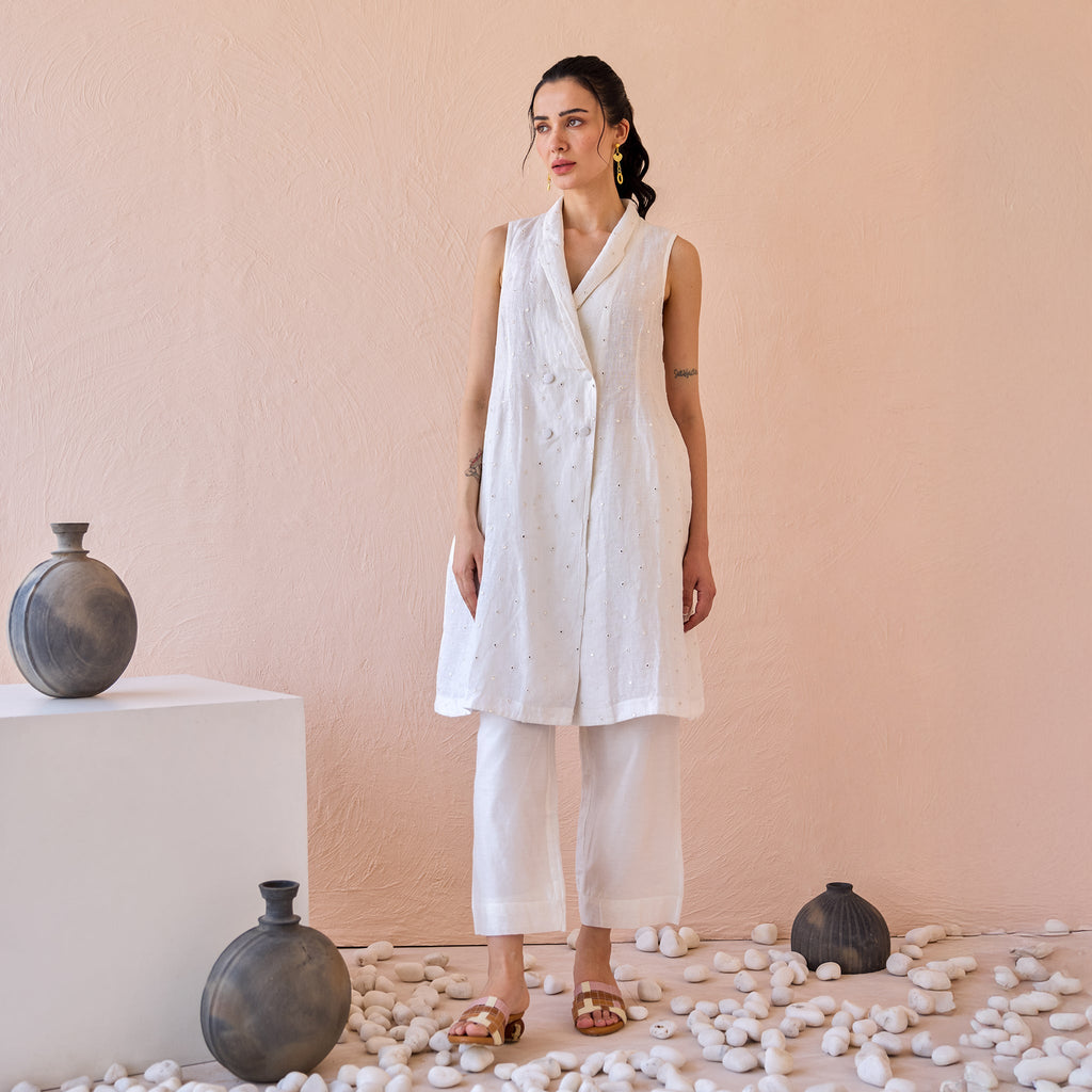 Silent Gleam by The Loom Art with Chanderi, Fluer De Code by The Loom Art, Linen, Mirror Work, White at Kamakhyaa for sustainable fashion