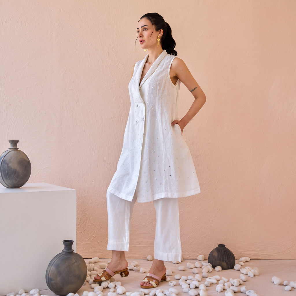 Silent Gleam by The Loom Art with Chanderi, Fluer De Code by The Loom Art, Linen, Mirror Work, White at Kamakhyaa for sustainable fashion
