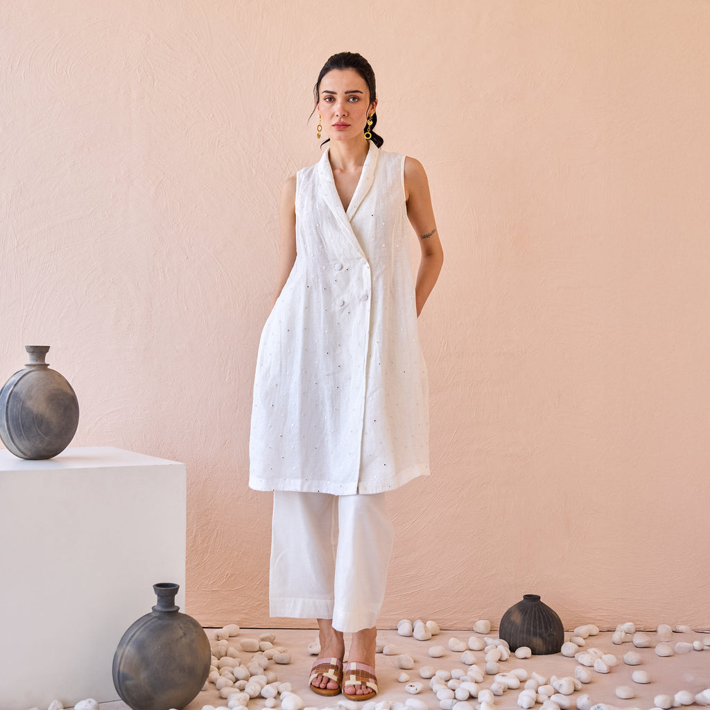 Silent Gleam by The Loom Art with Chanderi, Fluer De Code by The Loom Art, Linen, Mirror Work, White at Kamakhyaa for sustainable fashion