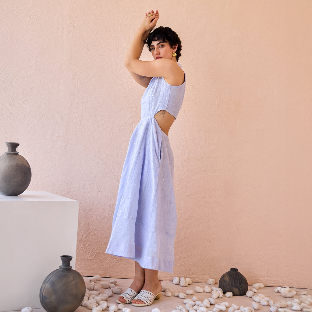 Frost Petal by The Loom Art with Fluer De Code by The Loom Art, Lavender, Linen, Mirror Work, Organic, Sheath Dresses at Kamakhyaa for sustainable fashion