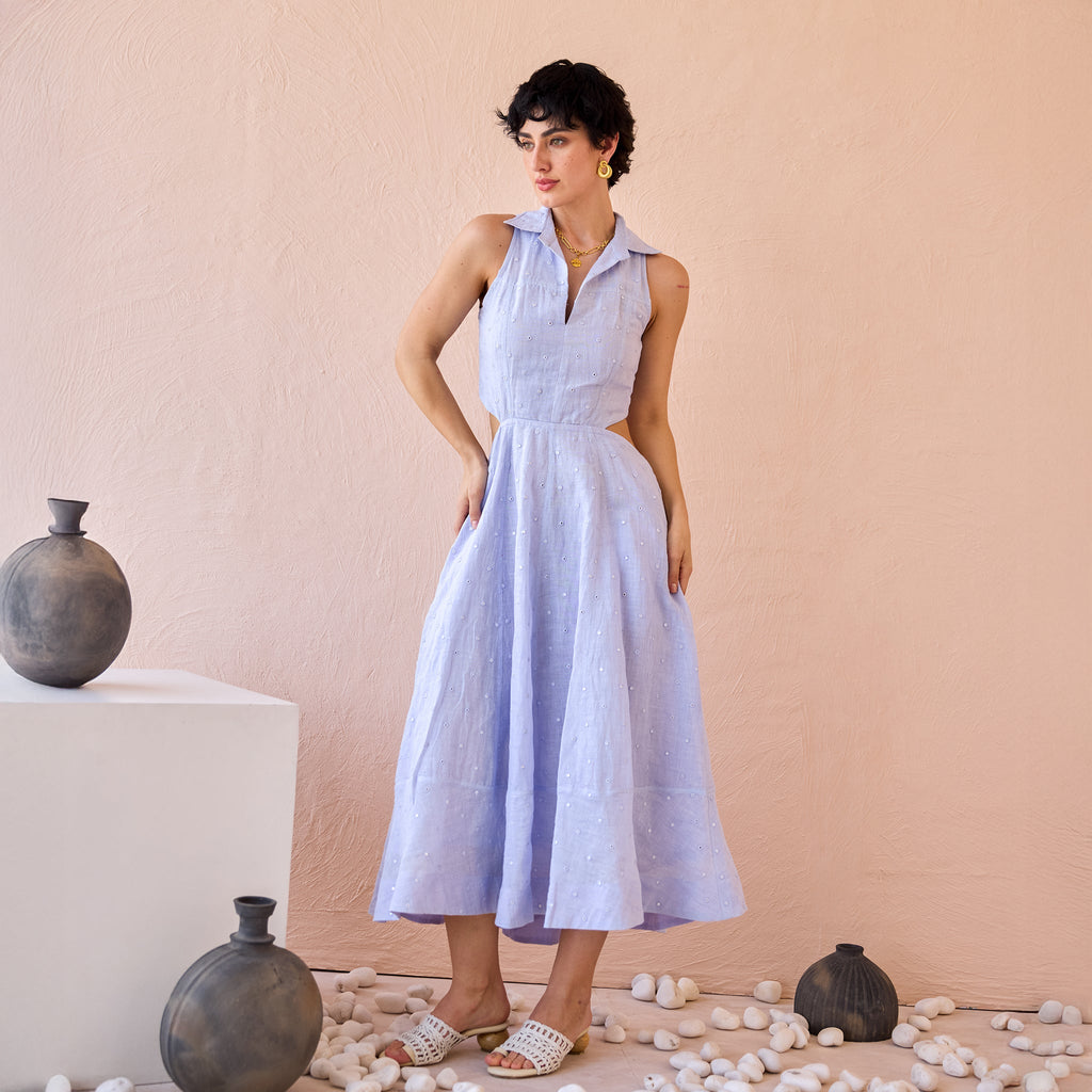 Frost Petal by The Loom Art with Fluer De Code by The Loom Art, Lavender, Linen, Mirror Work, Organic, Sheath Dresses at Kamakhyaa for sustainable fashion