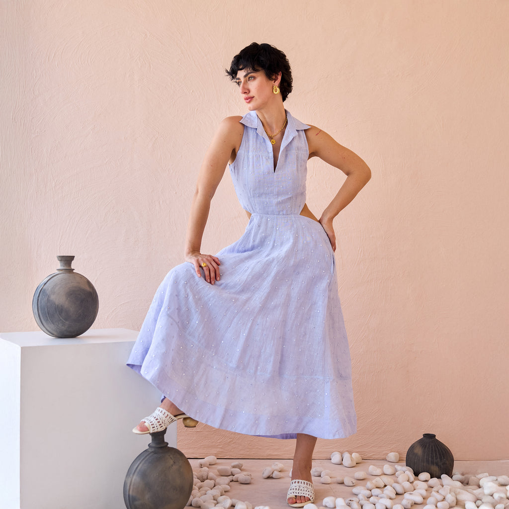 Frost Petal by The Loom Art with Fluer De Code by The Loom Art, Lavender, Linen, Mirror Work, Organic, Sheath Dresses at Kamakhyaa for sustainable fashion