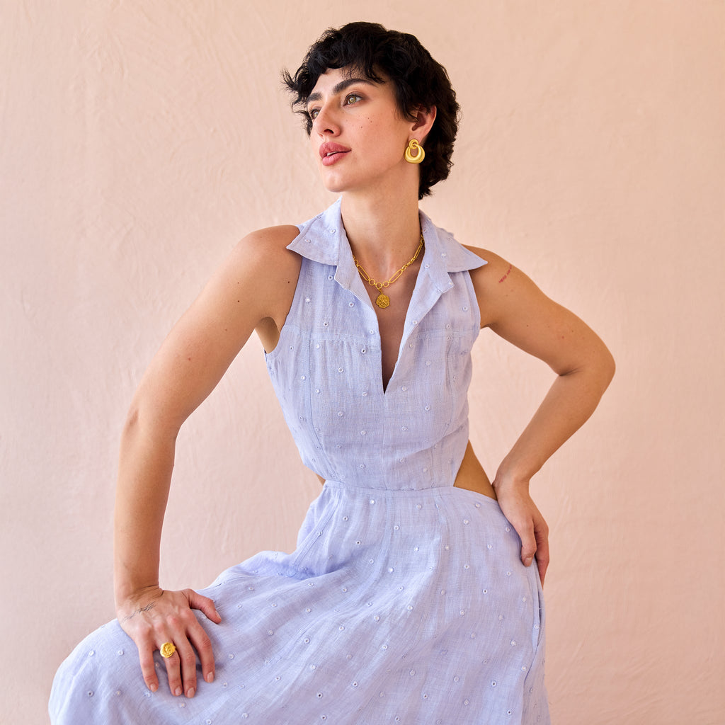 Frost Petal by The Loom Art with Fluer De Code by The Loom Art, Lavender, Linen, Mirror Work, Organic, Sheath Dresses at Kamakhyaa for sustainable fashion