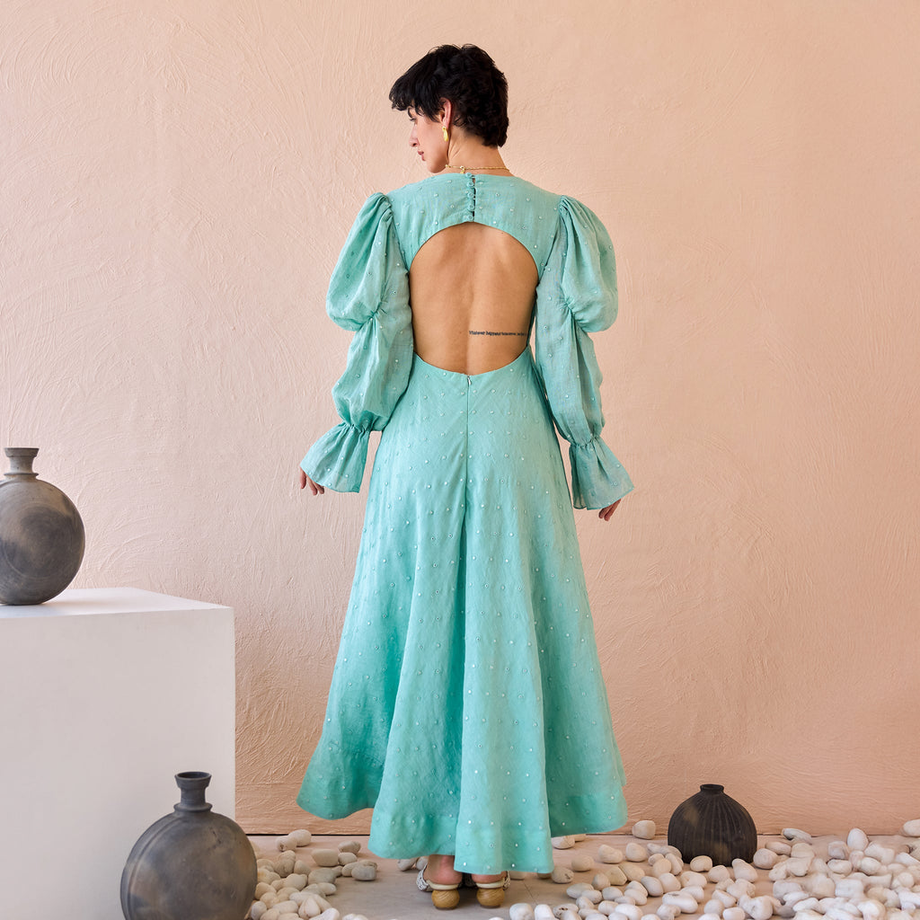 Lagoon Light by The Loom Art with Fluer De Code by The Loom Art, Hand embroidered, Linen, Mirror Work, Organic, Sheath Dresses, Turquoise at Kamakhyaa for sustainable fashion