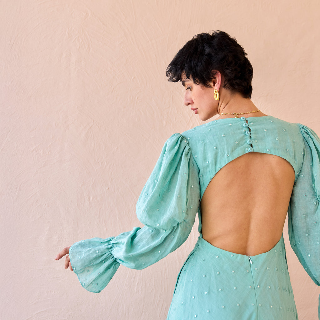 Lagoon Light by The Loom Art with Fluer De Code by The Loom Art, Hand embroidered, Linen, Mirror Work, Organic, Sheath Dresses, Turquoise at Kamakhyaa for sustainable fashion