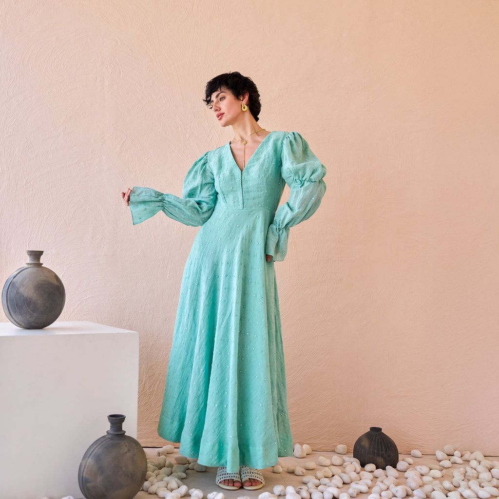 Lagoon Light by The Loom Art with Fluer De Code by The Loom Art, Hand embroidered, Linen, Mirror Work, Organic, Sheath Dresses, Turquoise at Kamakhyaa for sustainable fashion