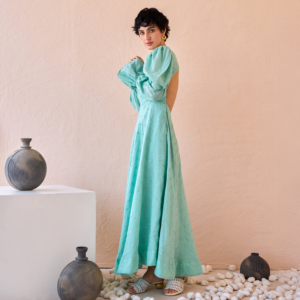 Lagoon Light by The Loom Art with Fluer De Code by The Loom Art, Hand embroidered, Linen, Mirror Work, Organic, Sheath Dresses, Turquoise at Kamakhyaa for sustainable fashion