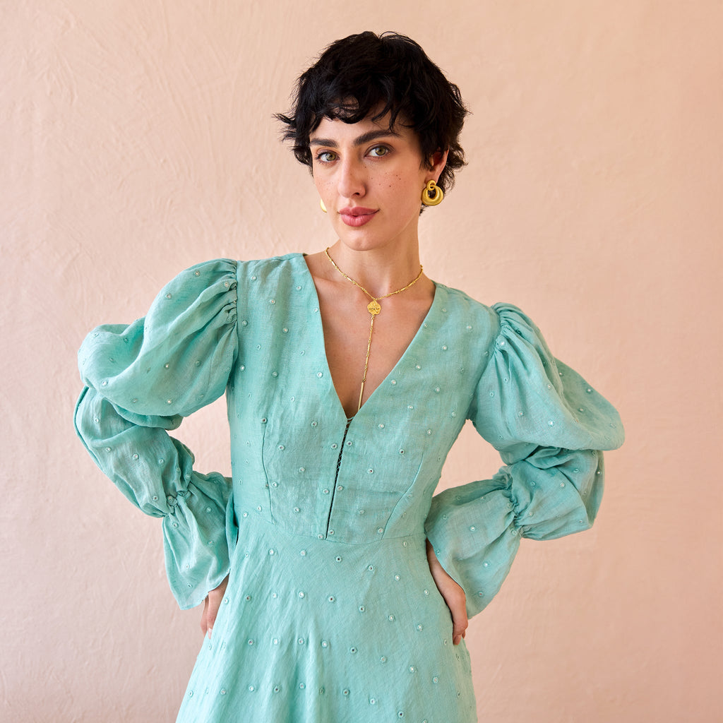 Lagoon Light by The Loom Art with Fluer De Code by The Loom Art, Hand embroidered, Linen, Mirror Work, Organic, Sheath Dresses, Turquoise at Kamakhyaa for sustainable fashion