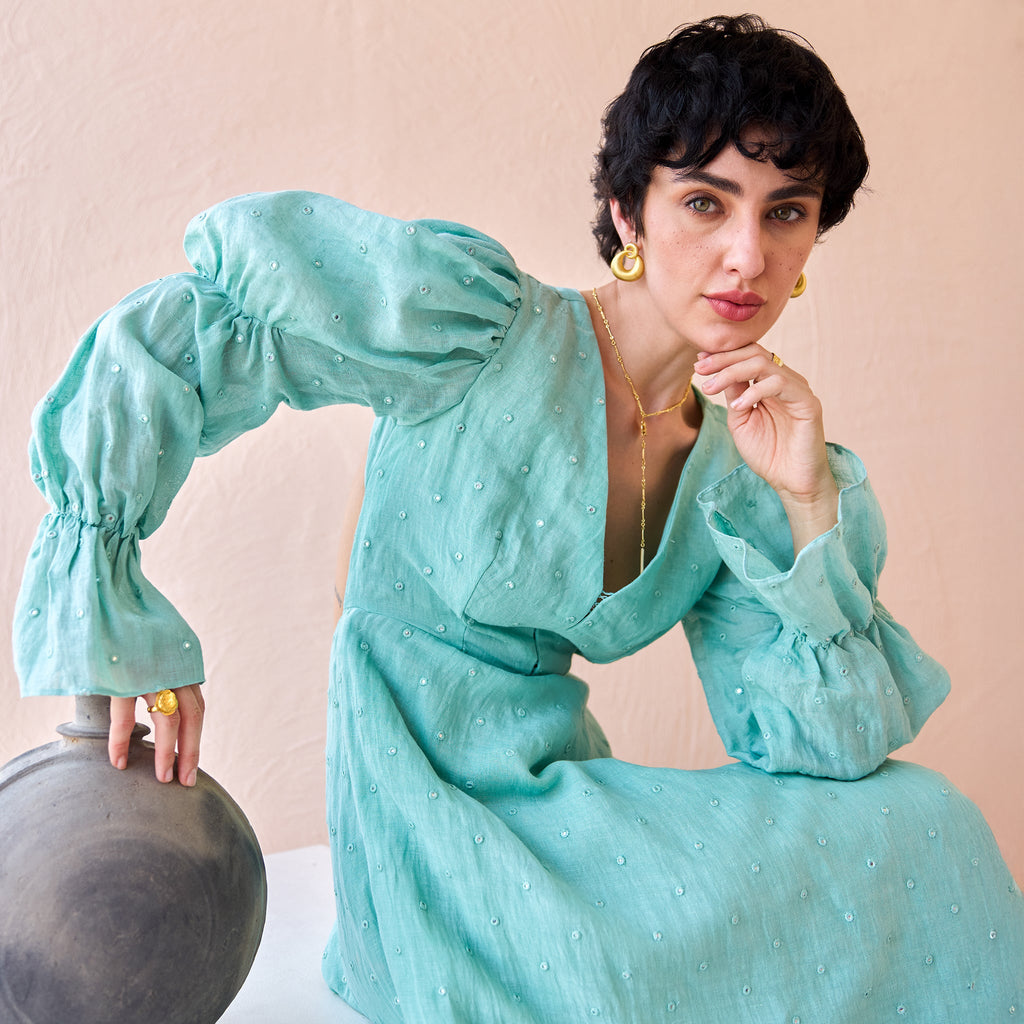 Lagoon Light by The Loom Art with Fluer De Code by The Loom Art, Hand embroidered, Linen, Mirror Work, Organic, Sheath Dresses, Turquoise at Kamakhyaa for sustainable fashion