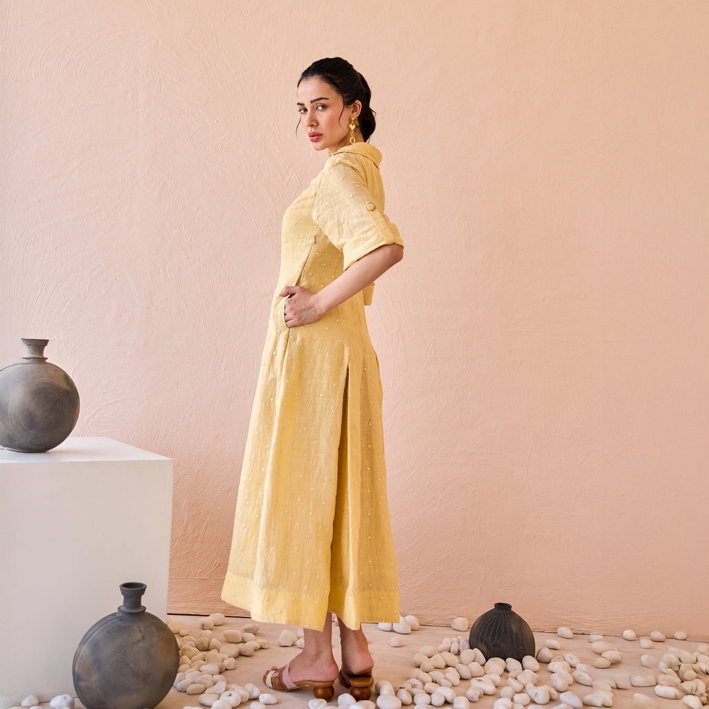 Buttermilk Drift by The Loom Art with Beige, Fluer De Code by The Loom Art, Linen, Mirror Work at Kamakhyaa for sustainable fashion