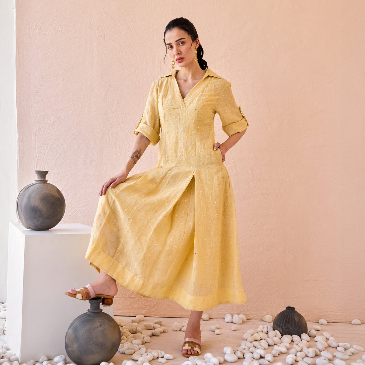 Buttermilk Drift by The Loom Art with Beige, Fluer De Code by The Loom Art, Linen, Mirror Work at Kamakhyaa for sustainable fashion