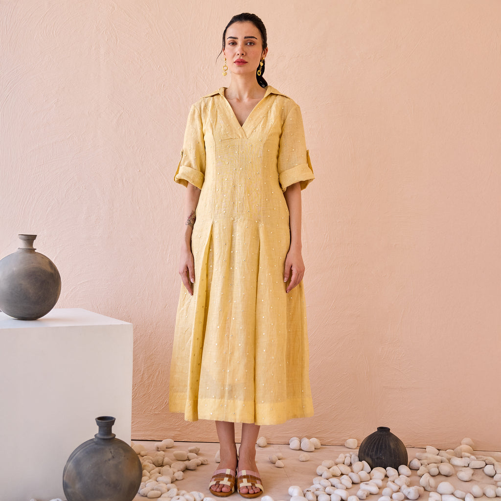 Buttermilk Drift by The Loom Art with Beige, Fluer De Code by The Loom Art, Linen, Mirror Work at Kamakhyaa for sustainable fashion