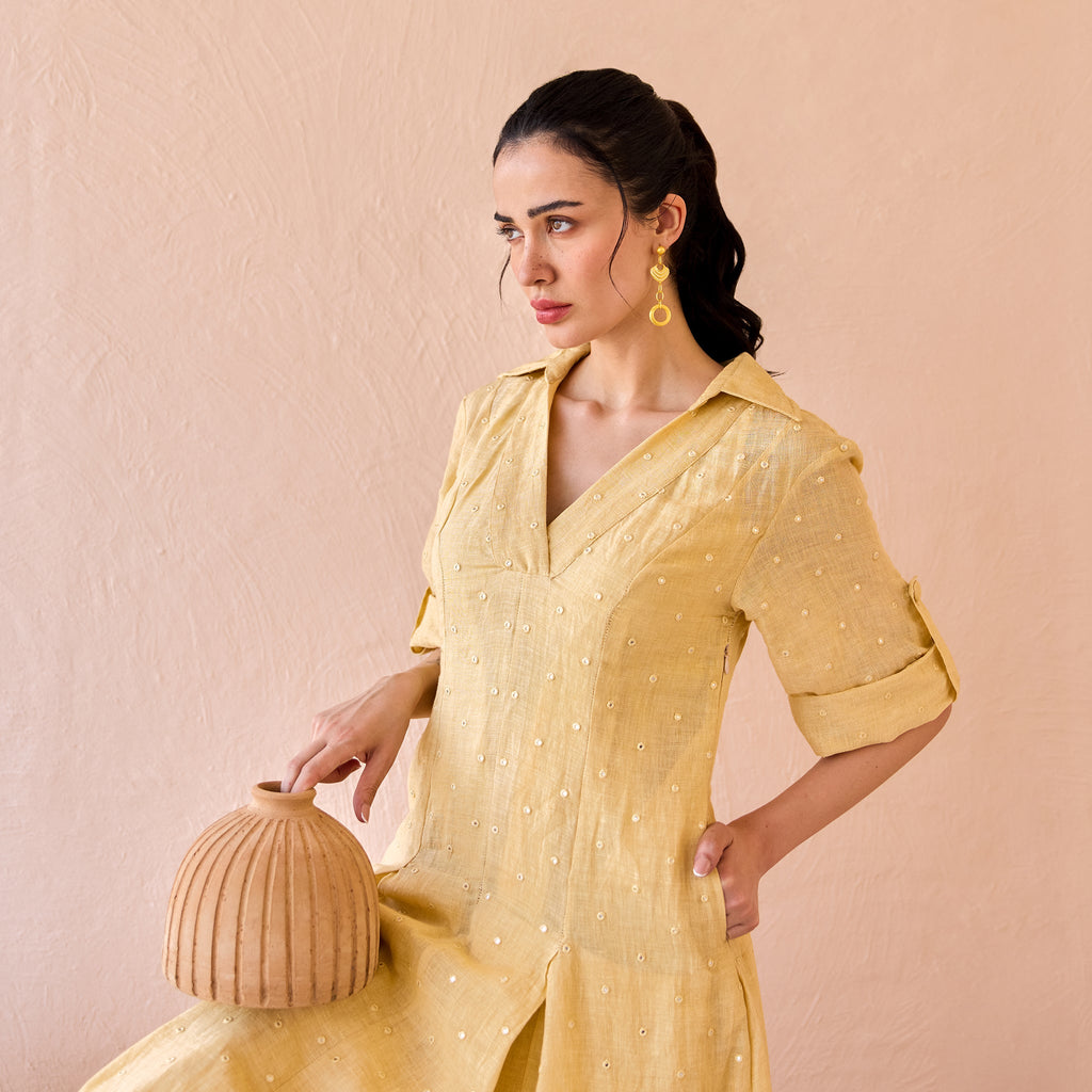 Buttermilk Drift by The Loom Art with Beige, Fluer De Code by The Loom Art, Linen, Mirror Work at Kamakhyaa for sustainable fashion