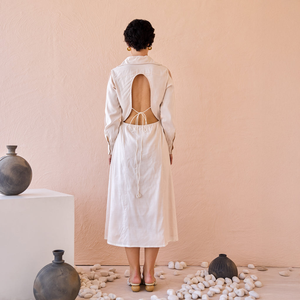 Floret Flicker by The Loom Art with Eco friendly, Fluer De Code by The Loom Art, Hand Embroidered, Ivory, Linen, Organic, Shirt Dresses at Kamakhyaa for sustainable fashion