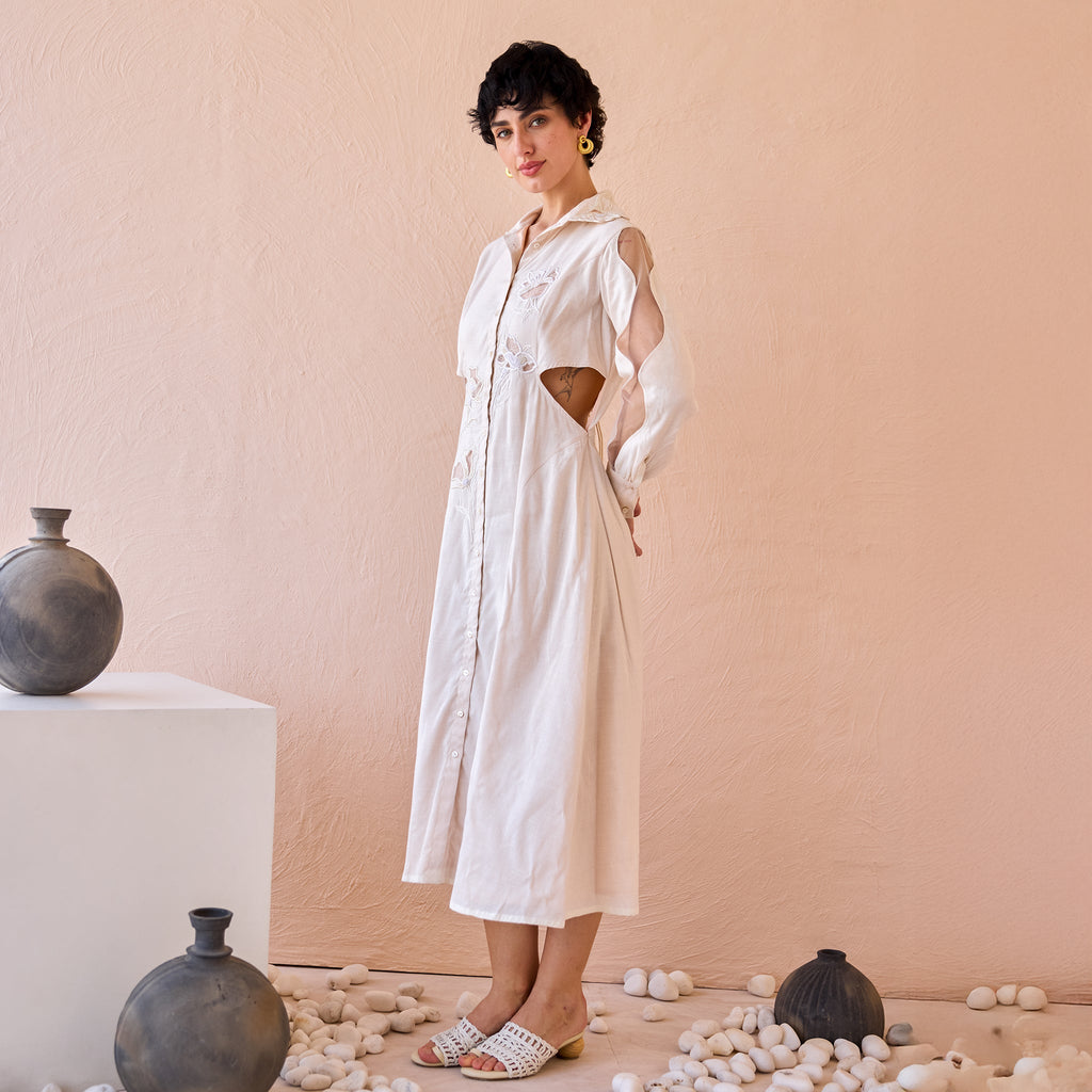 Floret Flicker by The Loom Art with Eco friendly, Fluer De Code by The Loom Art, Hand Embroidered, Ivory, Linen, Organic, Shirt Dresses at Kamakhyaa for sustainable fashion